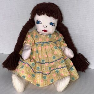 Vtg Handmade Fabric Doll with Braided Brown Hair and Floral Dress & Bloomers 14”